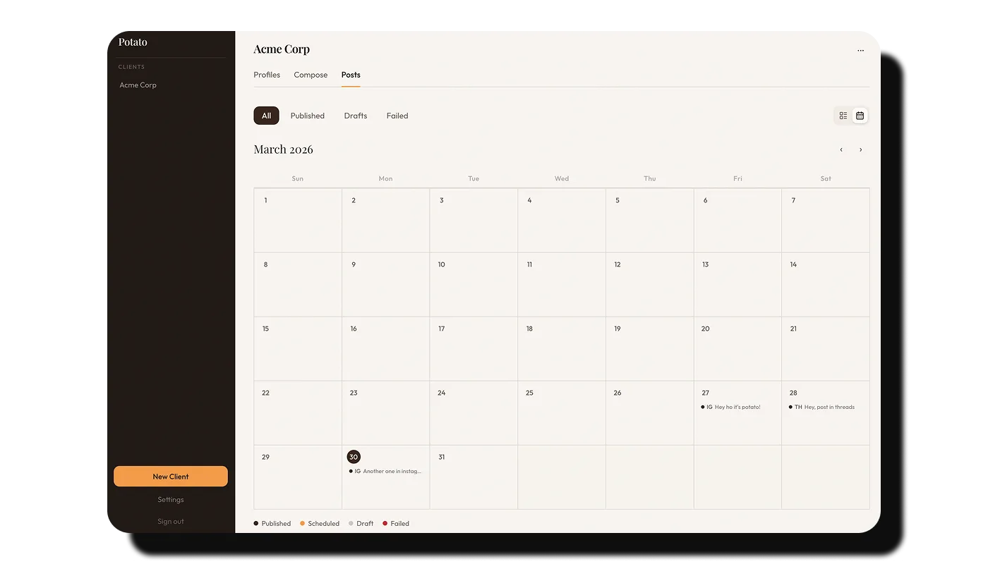 Potato blueprint app — Acme Corp calendar with scheduled posts