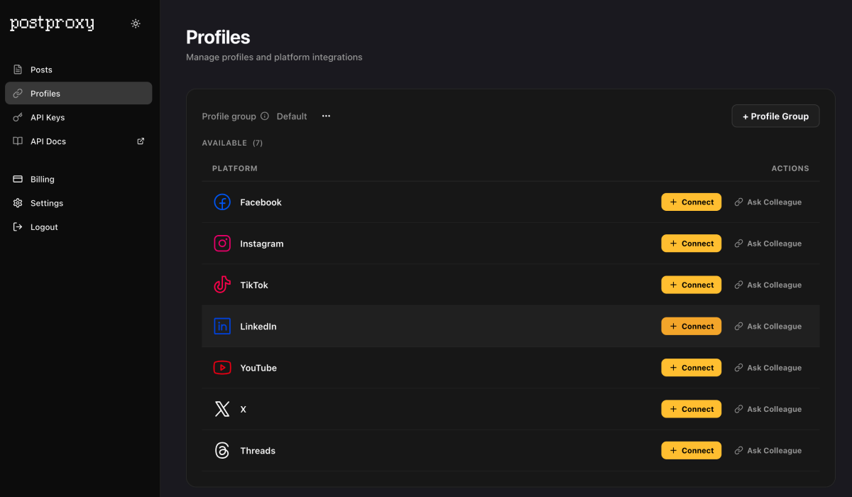 Connected social accounts in Postproxy