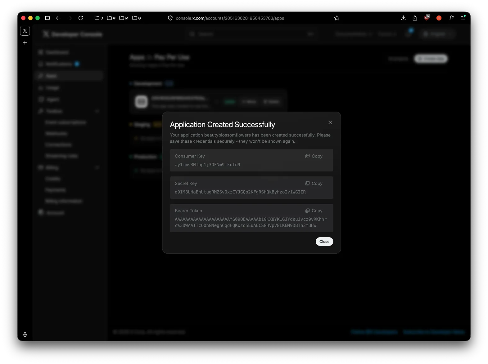 Application created modal