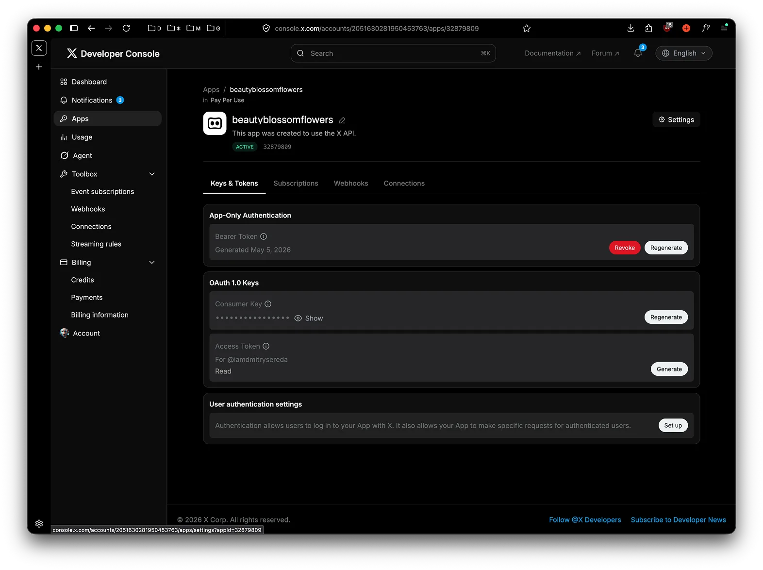 App detail with User authentication settings