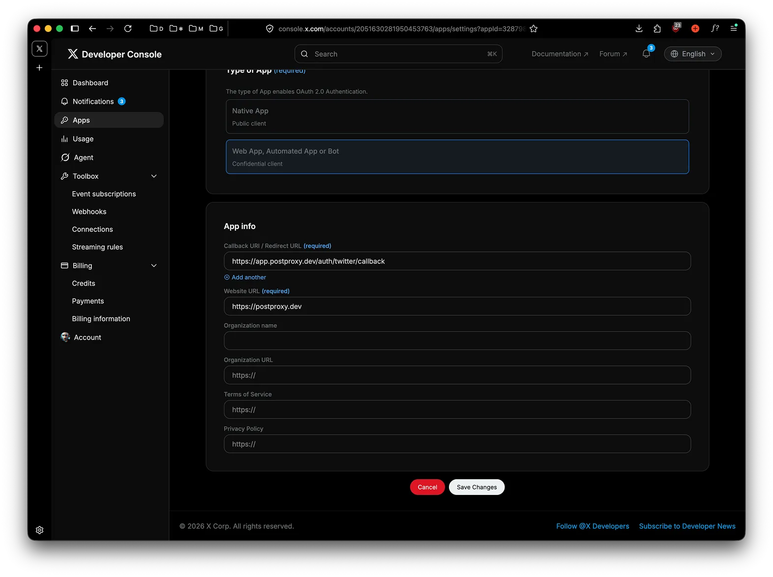 App info with callback and website URLs