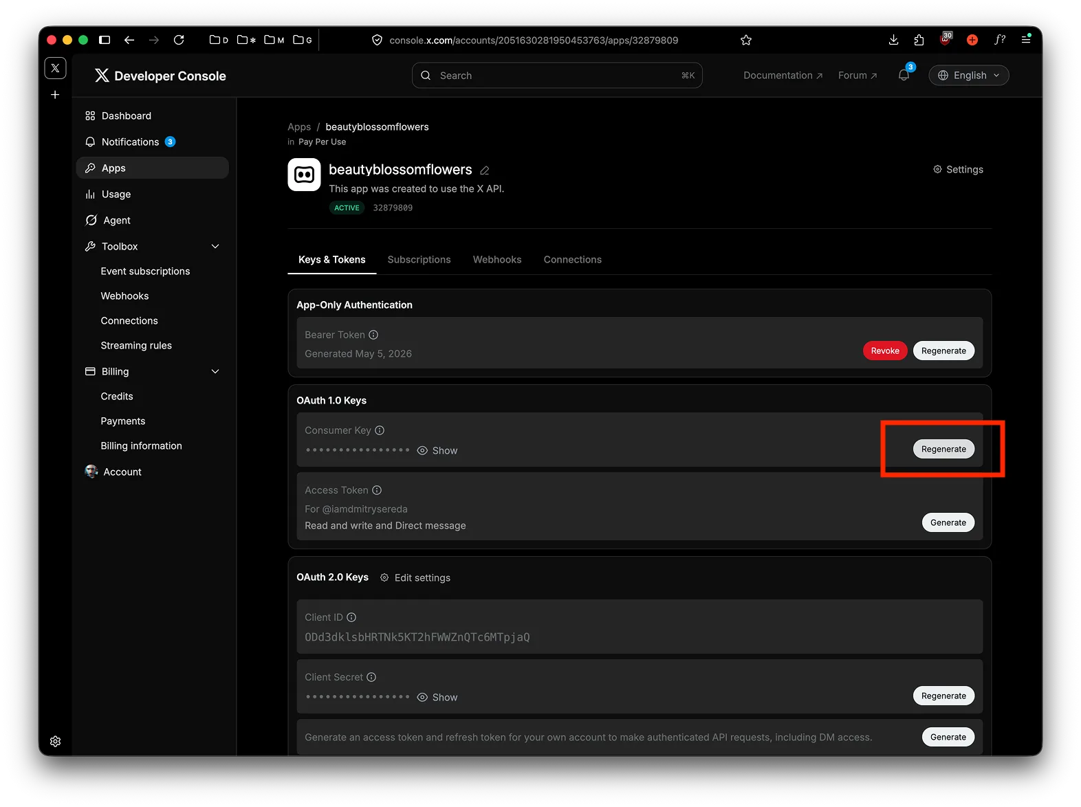 Regenerate OAuth 1.0a keys